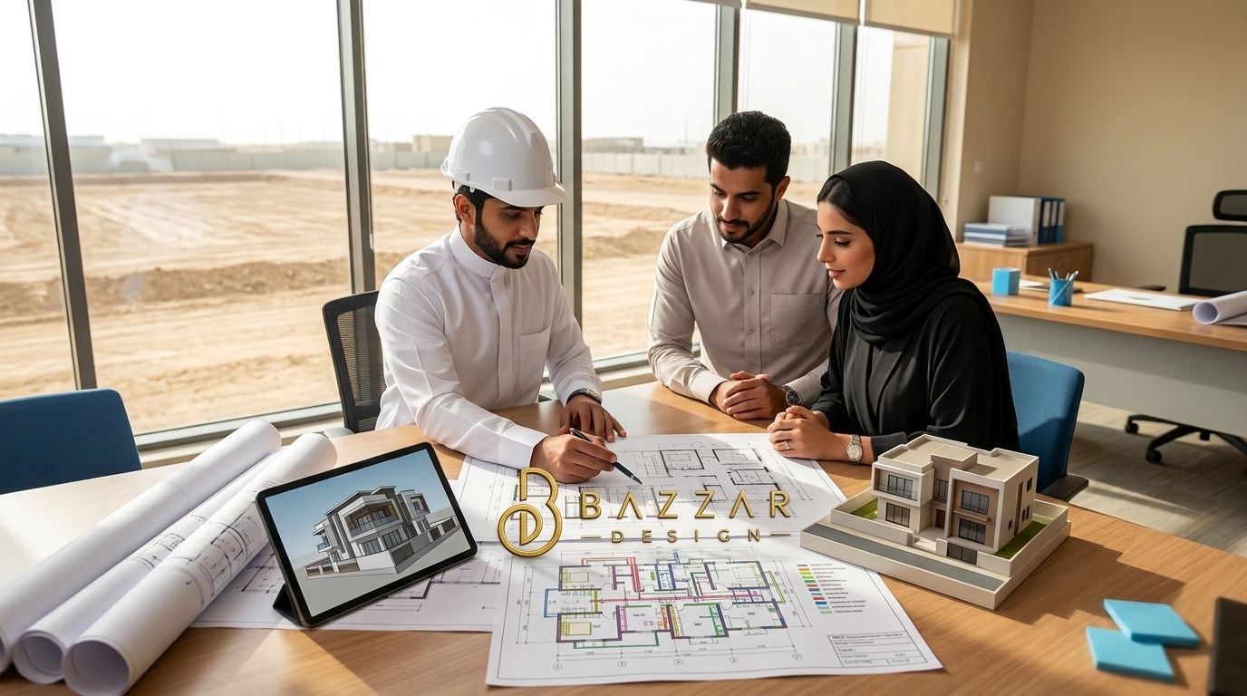 مهندس سعودي يراجع المخططات الهندسية مع عميلين داخل مكتب حديث يتوسطه شعار بازار ديزاين.