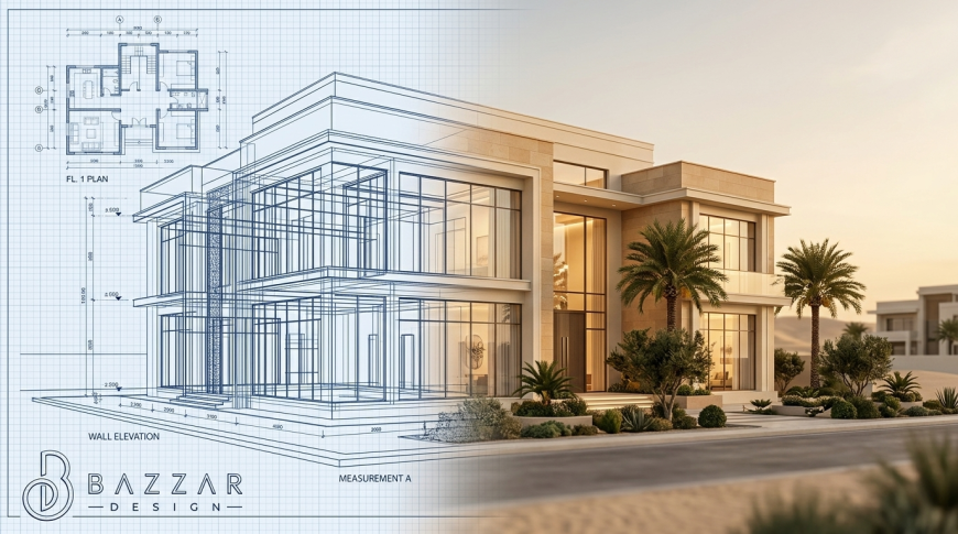 تصميم معماري فيلا مودرن يجمع بين المخطط الهندسي الأزرق والواقع الحقيقي عند الغروب.