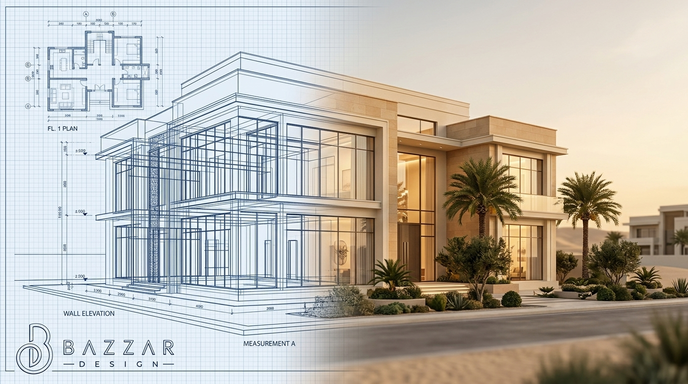 تصميم معماري فيلا مودرن يجمع بين المخطط الهندسي الأزرق والواقع الحقيقي عند الغروب.