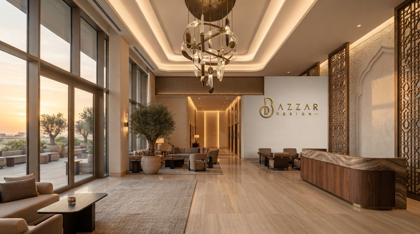 ردهة فندق فخمة وفاخرة بلمسات عربية وشعار "BAZZAR DESIGN" على الجدار.