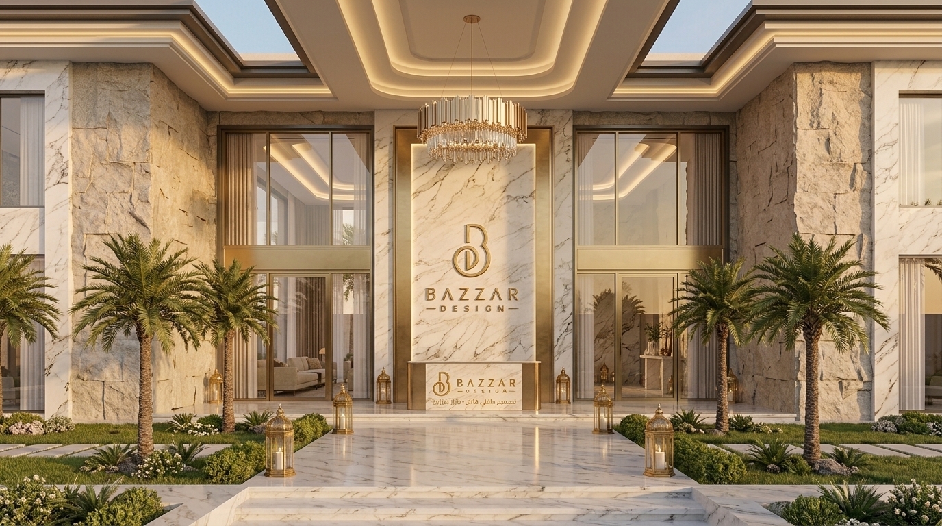 تصميم معماري لواجهة فيلا مودرن فاخرة بتكسيات رخامية وإضاءة دافئة يتوسطها شعار بازار ديزاين.