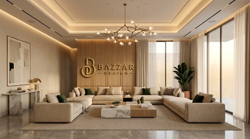 تصميم داخلي لغرفة معيشة فاخرة بألوان دافئة يتوسطها شعار بازار ديزاين بارزًا على جدار خشبي.
