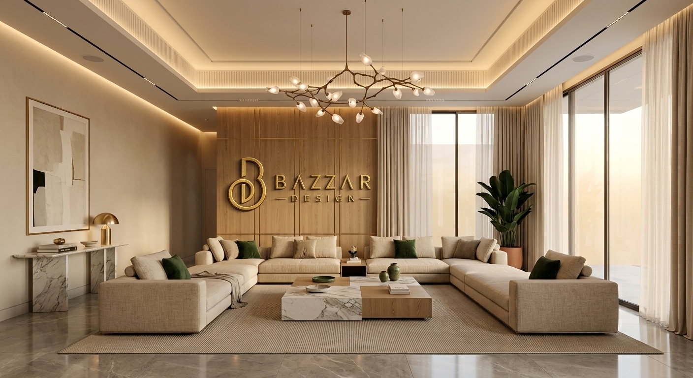 تصميم داخلي لغرفة معيشة فاخرة بألوان دافئة يتوسطها شعار بازار ديزاين بارزًا على جدار خشبي.
