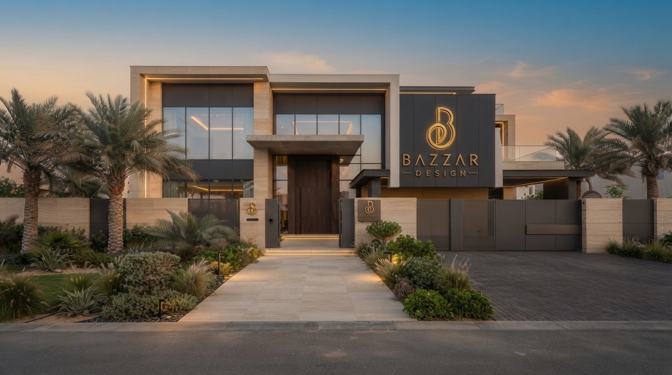 واجهة خارجية مضاءة لفيلا سكنية حديثة وفاخرة عند الغسق. التصميم المعماري يجمع بين الحجر الرملي الفاتح والألواح المعدنية الداكنة، مع نوافذ زجاجية كبيرة وإضاءة خطية دافئة مدمجة. مدخل الفيلا محاط بممر حجري ومناظر طبيعية منسقة تشمل أشجار النخيل ونباتات صحراوية. على الجانب الأيمن، توجد لافتة كبيرة ومضيئة تحمل شعار 'Bazzar Design' بخط ذهبي أنيق.