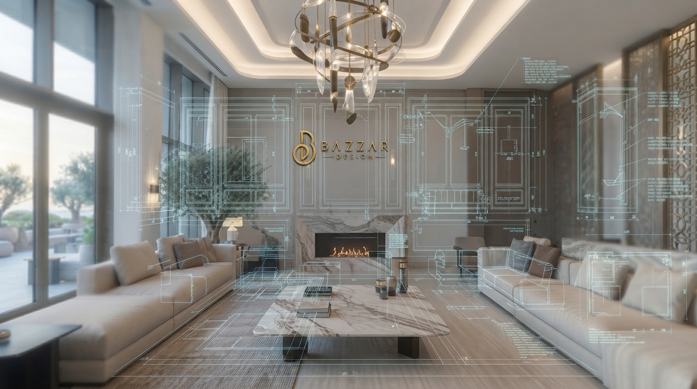تصميم داخلي عصري لغرفة معيشة فاخرة مع تراكب مخططات زرقاء شفافة وشعار "BAZZAR DESIGN" الذهبي فوق الموقد.